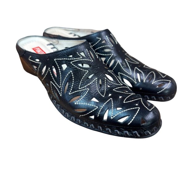 Pikolinos Women's Black Leather Laser Cut Floral Slip On Mule.EU 37 US 6 - Picture 4 of 11